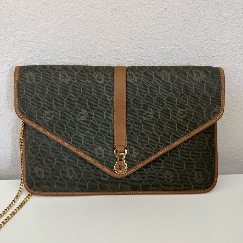 Dior Brown Monogram Shoulder Bag with Tan Trim and Gold Chain